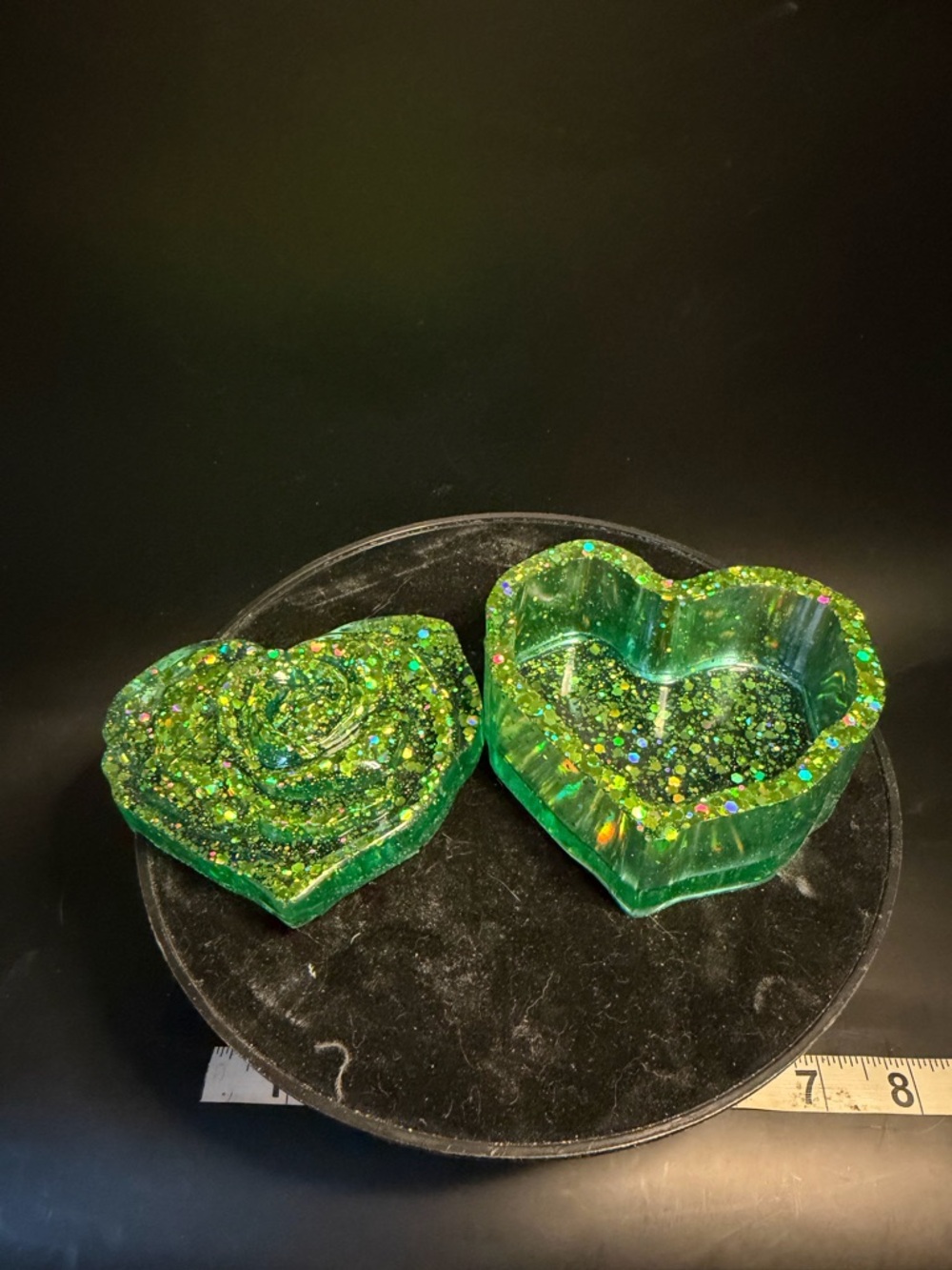 Handmade Green Glitter Heart Resin Trinket Dish Set